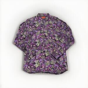 VINTAGE Shah Safari Rayon Shirt Mens Large Purple Long Sleeve Abstract Funky